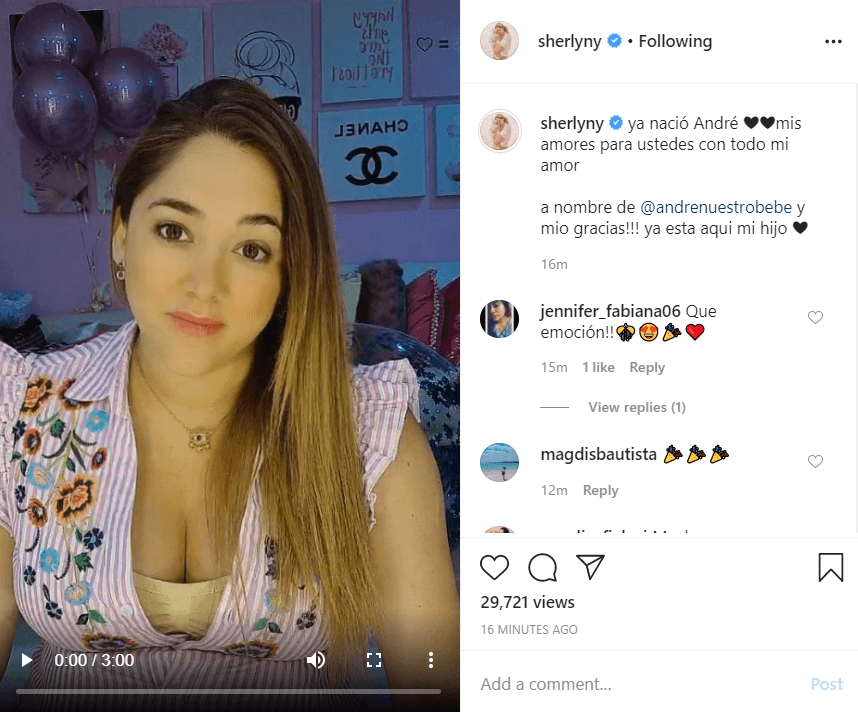 Horas después, Sherlyn publicó un video que grabó un día antes de ir al hospital para dar a luz al bebé: "Este video se los grabo la noche antes de irme al hospital para recibir a André, mi primogénito, nuestro bebé. Estoy muy feliz, nerviosa, muy emocionada de esta etapa que viene y antes de irme a dormir quiero darles las gracias”.
<br>