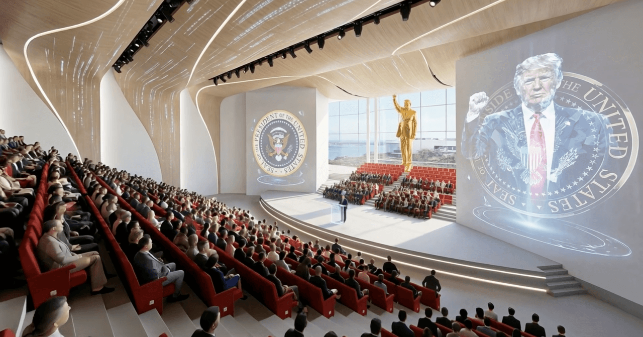 Un salón, muestra lo que sería una estatua del presidente actual de los Estados Unidos, en dorado.
<br>