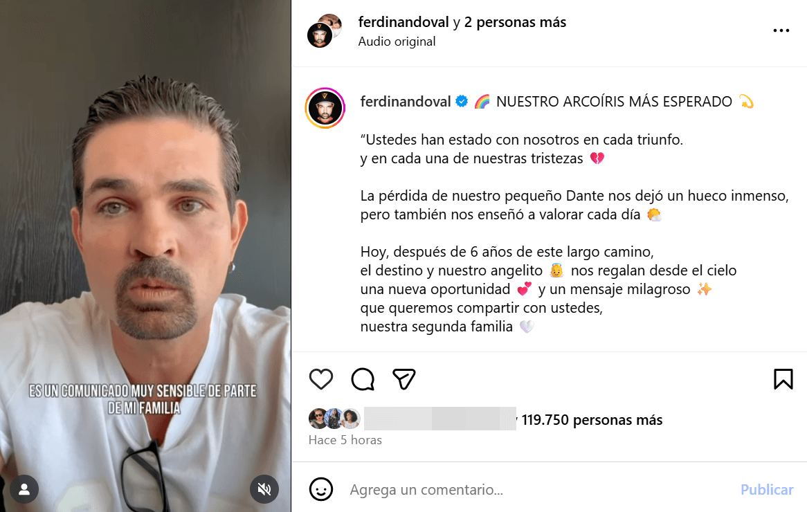 Ferdinando Valencia anunció que espera un bebé arcoíris.