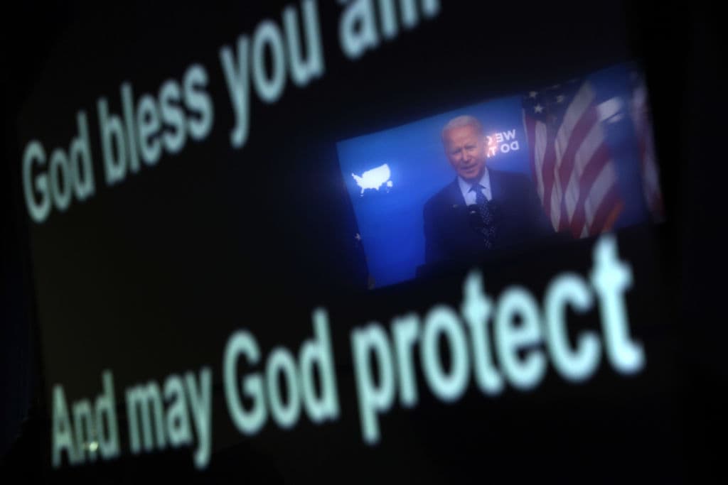 U.S. President Joe Biden speaks as his image is reflected on a teleprompter during an event in the South Court Auditorium of the White House June 2, 2021 in Washington, DC. President Biden spoke on the Covid-19 response and the vaccination program announcing new incentives including free beer, free childcare and free sports tickets to push Americans to get vaccinated before July 4th.