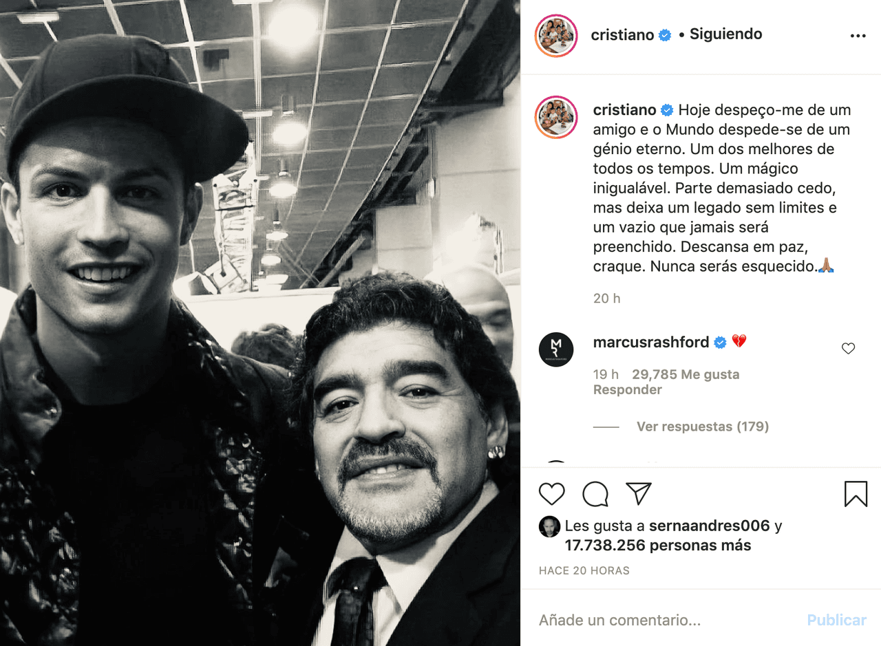 “Hoy me despido de un amigo y el mundo se despide de un genio eterno. Uno de los mejores de todos los tiempos. Un mago incomparable. Se va demasiado pronto, pero deja un legado sin limites y un vacío que nunca se llenará. Descansa en paz, as. Usted nunca será olvidado”, le escribió
<b>Cristiano Ronaldo</b>.