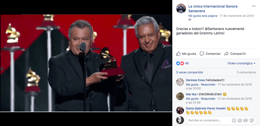 La única y original Sonora Santanera recibió el galardón, a la vez que celebraba su 60 aniversario.