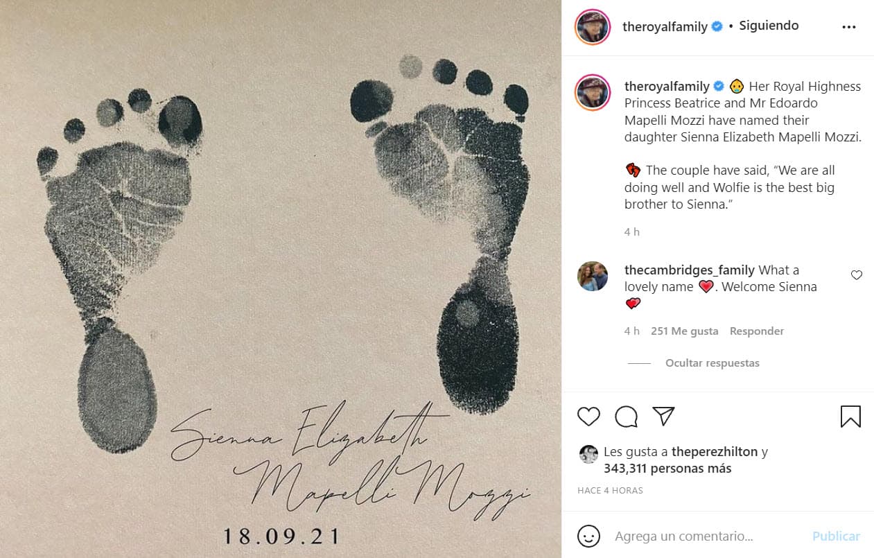 Este 1 de octubre la princesa y su esposo compartieron una imagen de las huellas de los pies de su hija a través de la cuenta oficial de la reina Isabel y anunciaron que llevará por nombre
<b> Sienna Elizabeth Mapelli Mozzi.</b>
<br>