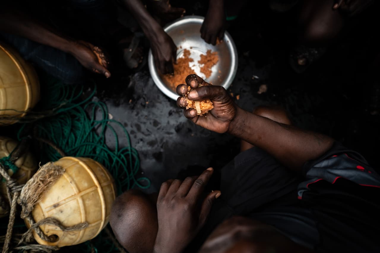 Gambian fishermen holding fistfuls of fishmeal.