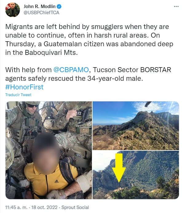 A través de su cuenta de Twitter, John R. Modlin, jefe de la Patrulla Fronteriza en el Sector Tucson informó de un hecho reciente que pudo haber terminado en tragedia.