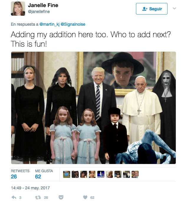 El papa no parecía muy feliz de la visita del presidente Trump e Internet se llenó de memes.
<a href="https://twitter.com/janellefine/status/867497715684458496?ref_src=twsrc%5Etfw&ref_url=https%3A%2F%2Fes.gizmodo.com%2Fajax%2Finset%2Fiframe%3Fid%3Dtwitter-867497715684458496%26autosize%3D1">Enlace</a>.