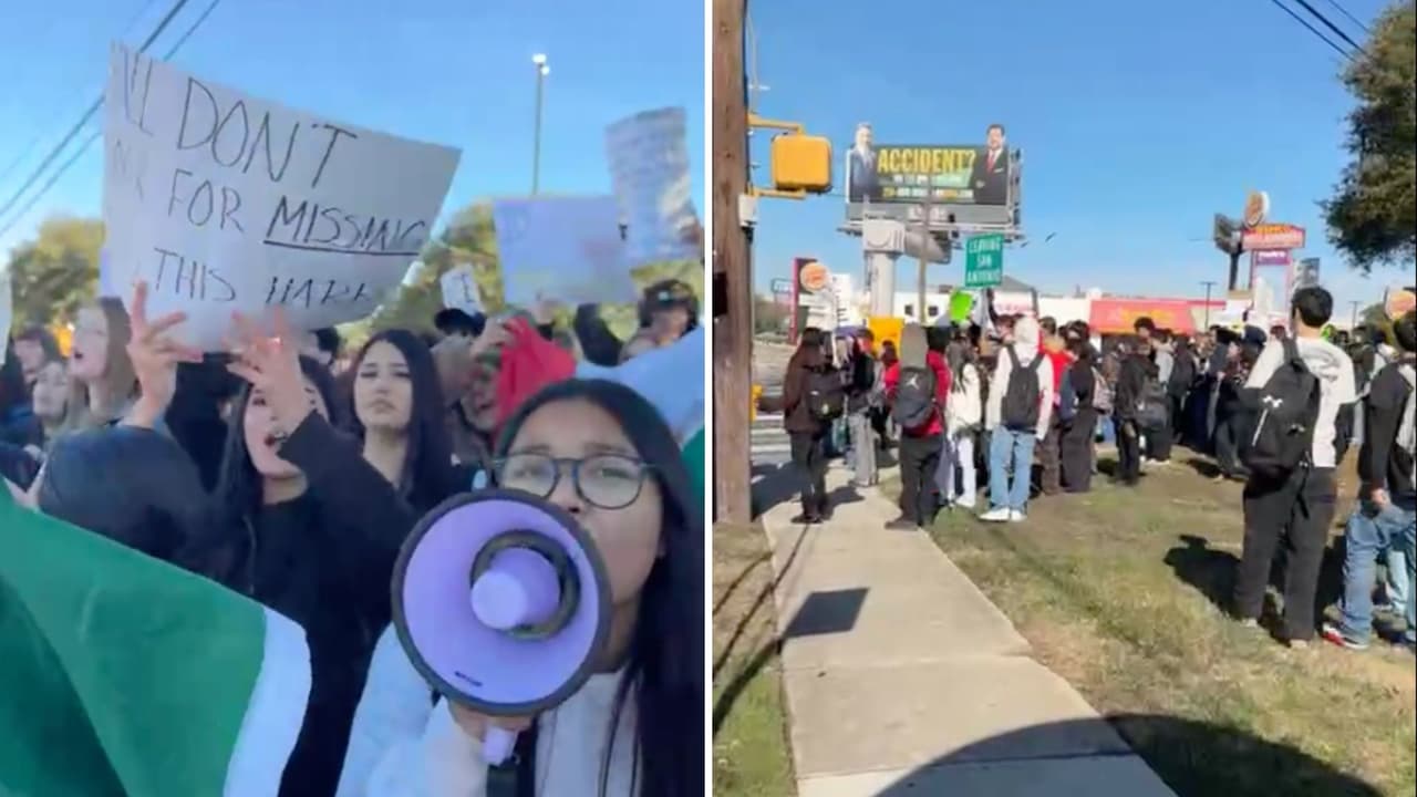 Cientos de estudiantes de esta escuela dejan sus aulas para salir a protestar contra ICE en San Antonio