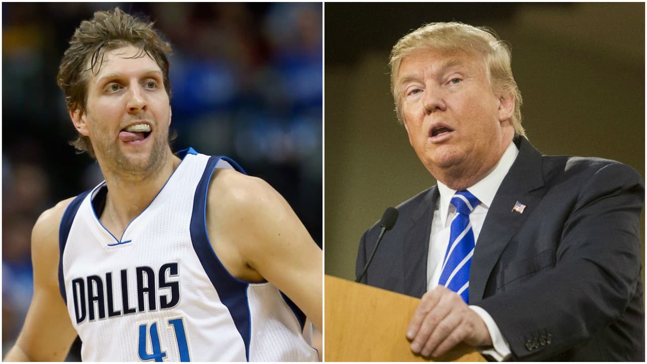 Dirk Nowitzki de los Dallas Mavericks imita a Donald Trump