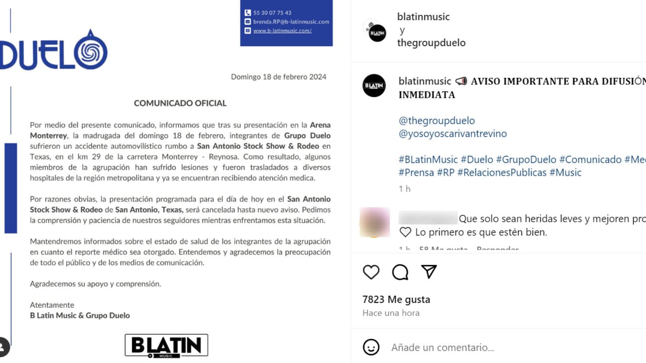 Grupo Duelo confirmó a través de este comunicado el accidente que sufrieron algunos de sus integrantes, quienes ya reciben atención médica.