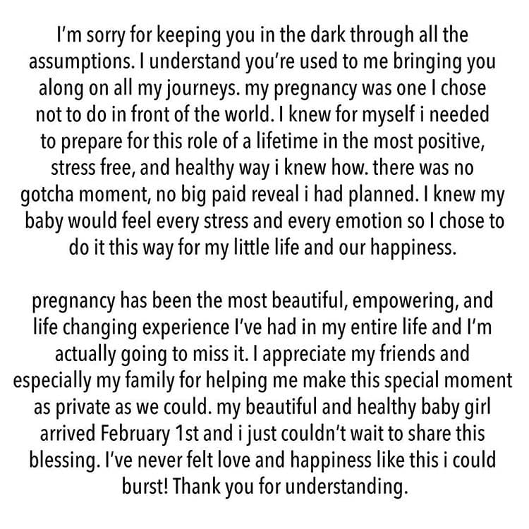 El 4 de febrero sorprendió a sus seguidores con un comunicado donde explicaba por qué no había revelado que estaba embarazada. Este anuncio obtuvo casi 11 millones de interacciones.