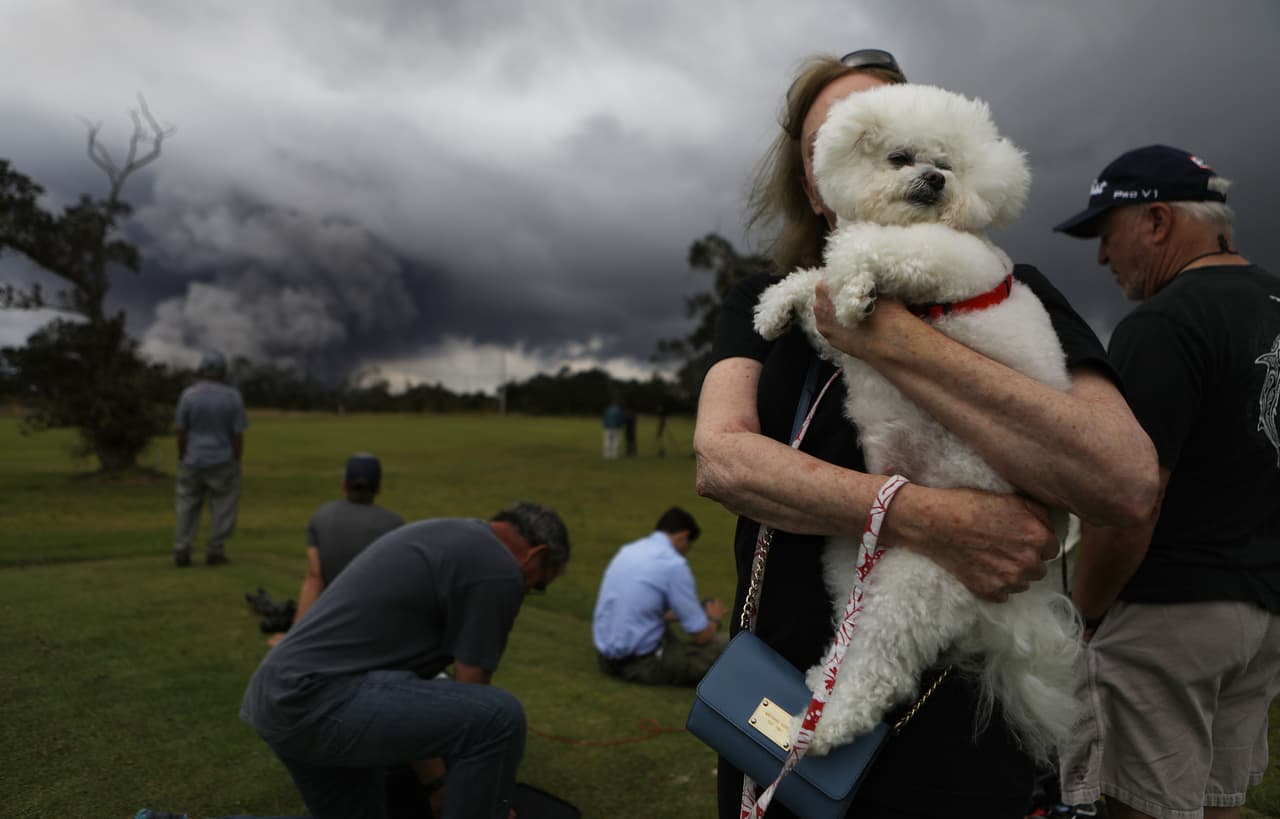 Una mujer llevó su mascota hasta un campo de golf desde donde decenas de residentes y turistas se han reunido para contemplar el intenso espectáculo del Kilauea. El Servicio Geológico de los Estados Unidos (USGS) advirtió que una reciente disminución en la cantidad de lava en la cantera del volcán "ha aumentado el potencial de erupciones explosivas.
