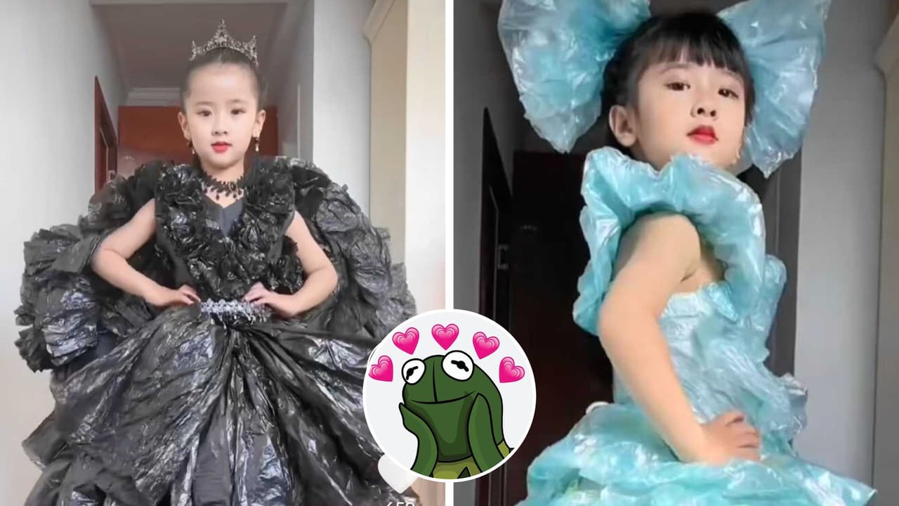 Mujer crea elegantes vestidos para su hija con bolsas de plástico: modela como una profesional