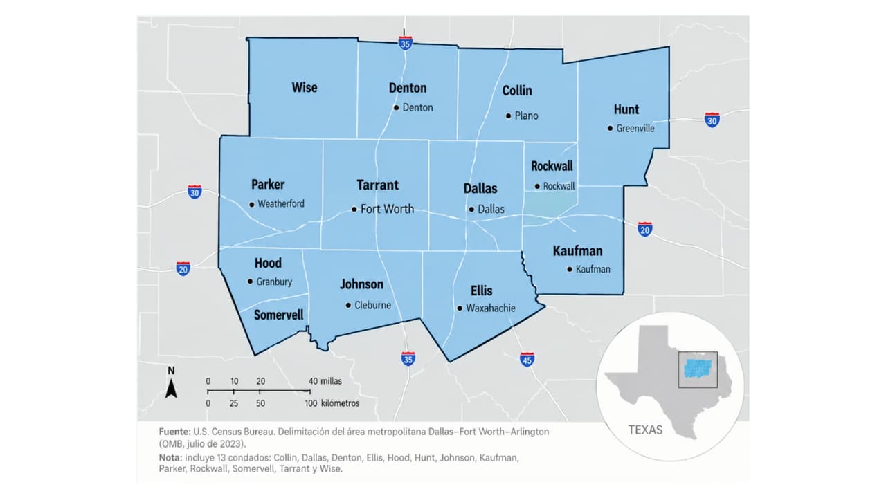 El Metroplex de Dallas-Fort Worth abarca 13 condados del norte de Texas.