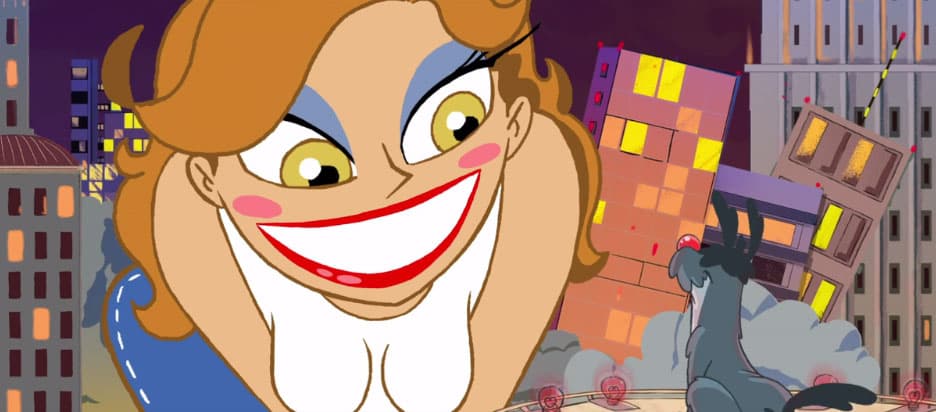 Hasta que finalmente, una gigante Thalía encuentra a su perrito en el techo de un edificio. ¡El esperado reencuentro!