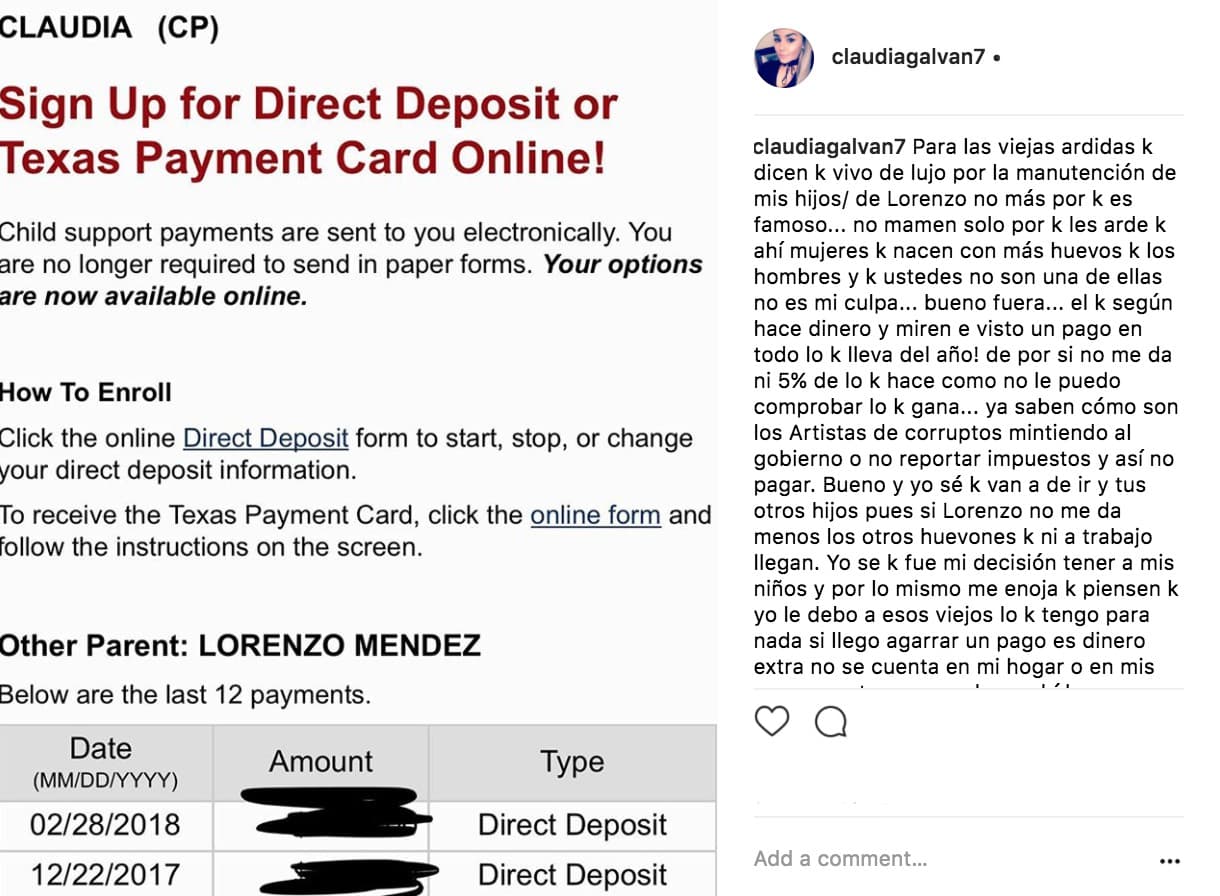 Esta es la imagen que publicó Claudia Galván para evidenciar que no depende de la pensión que le paga el padre de sus dos hijas, Lorenzo Méndez.