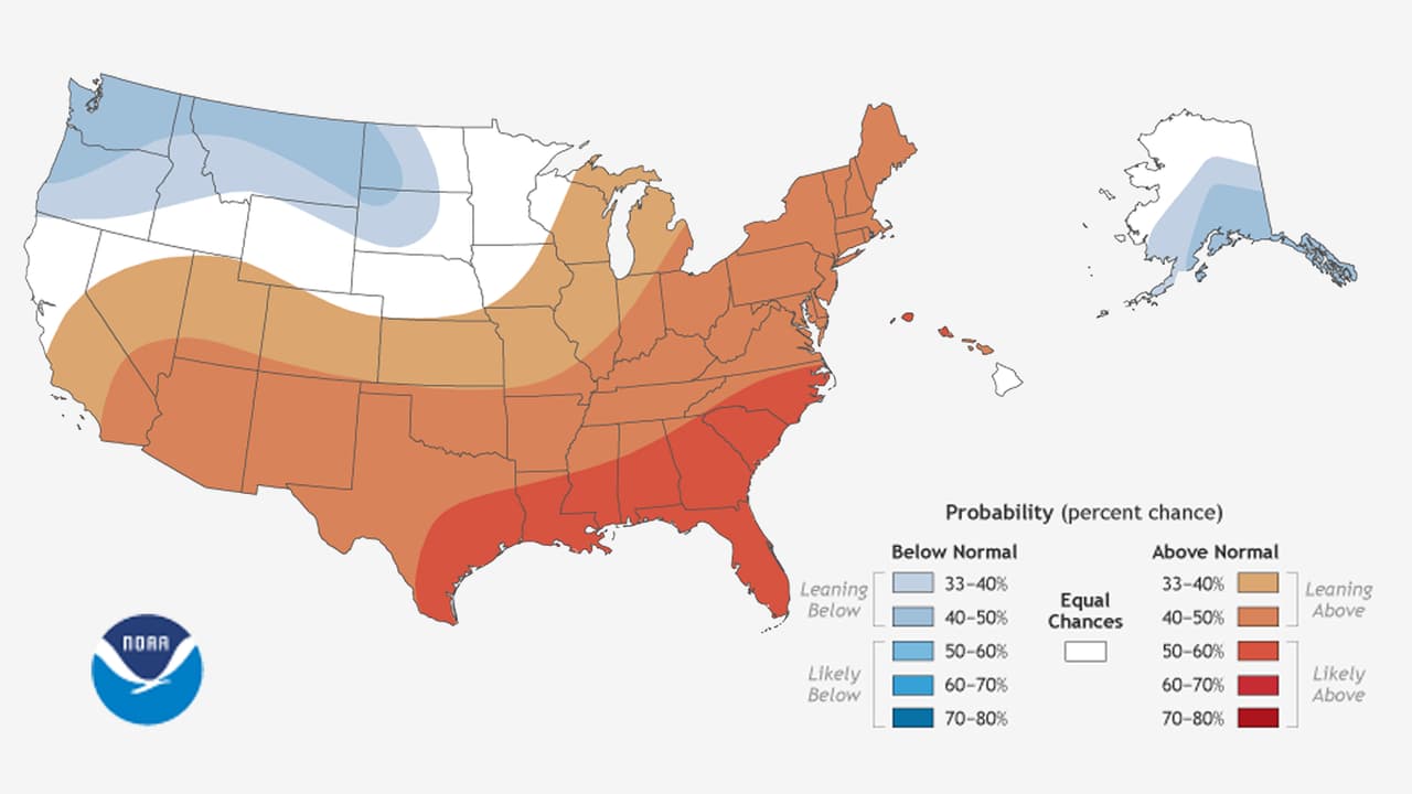 Imagen que muestra las zonas que experimentarán el incremento más alto de temperaturas en invierno 2021, según la NOAA.