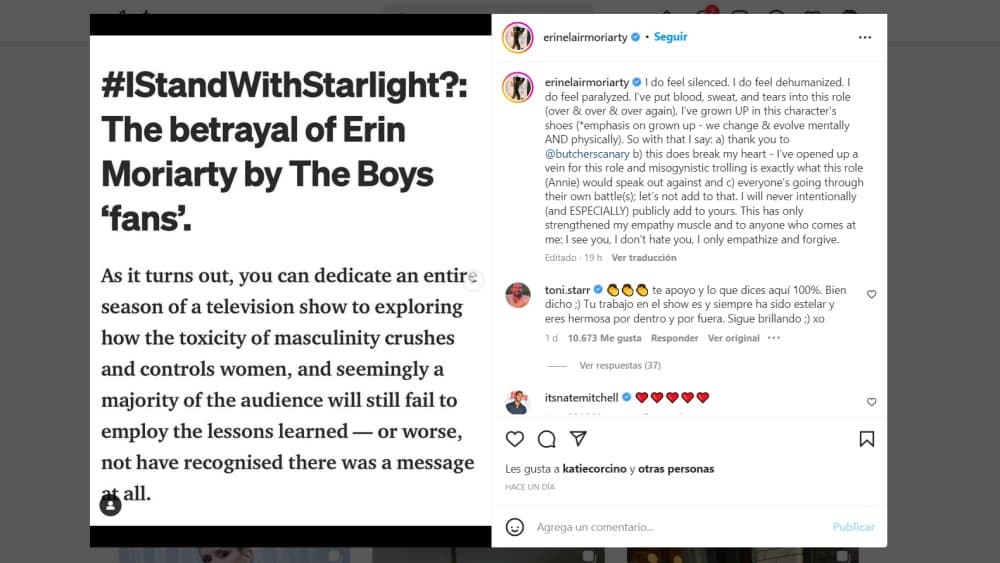 La actriz Erin Moriarty de 'The Boys' le contestó a los fans que la acosan en redes