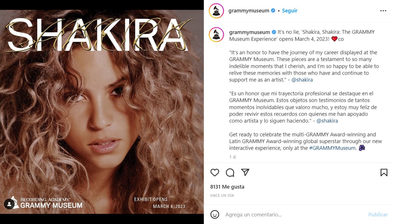 Shakira tendrá su propia exposición en el Museo del GRAMMY.
