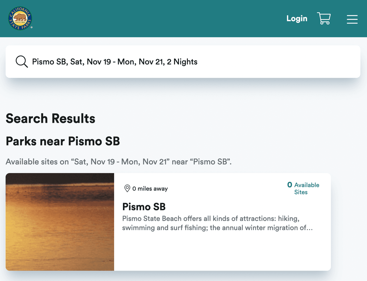 Por ejemplo, en Pismo Beach, ubicado en Santa Bárbara, no hay espacios disponibles para las fechas que especifiqué en mi búsqueda.