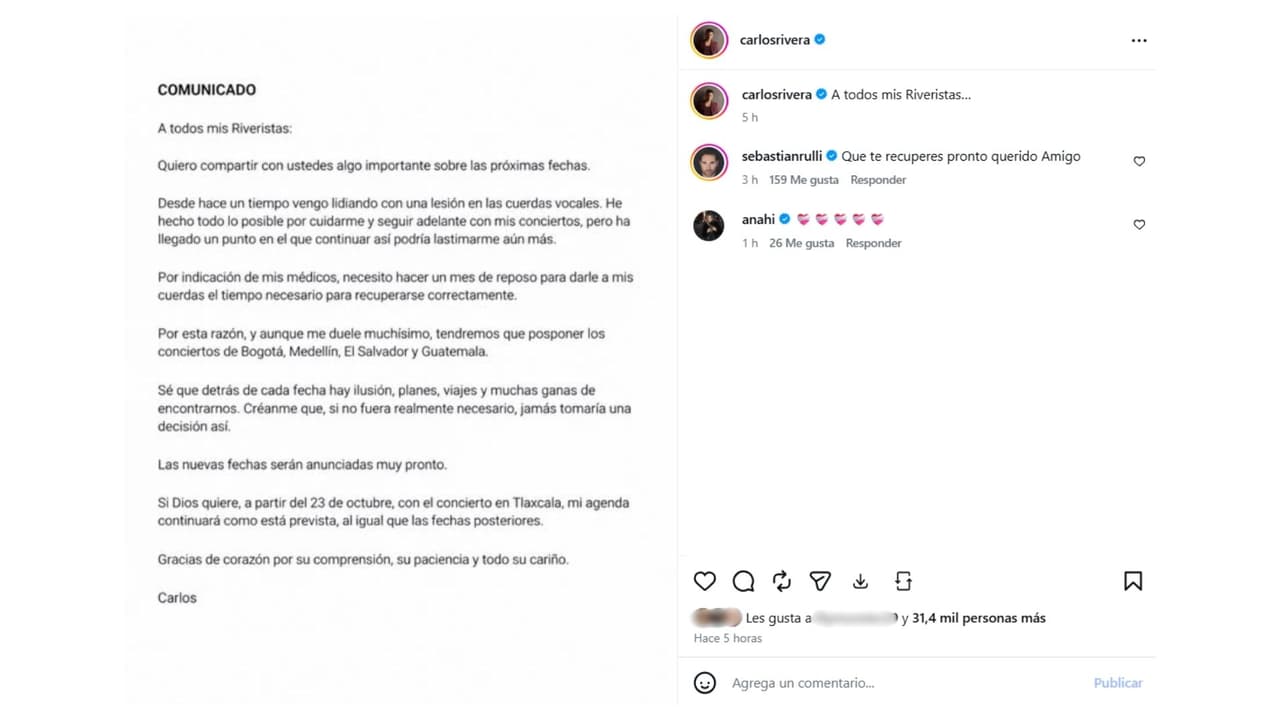 Carlos Rivera pospone conciertos por problemas de salud.