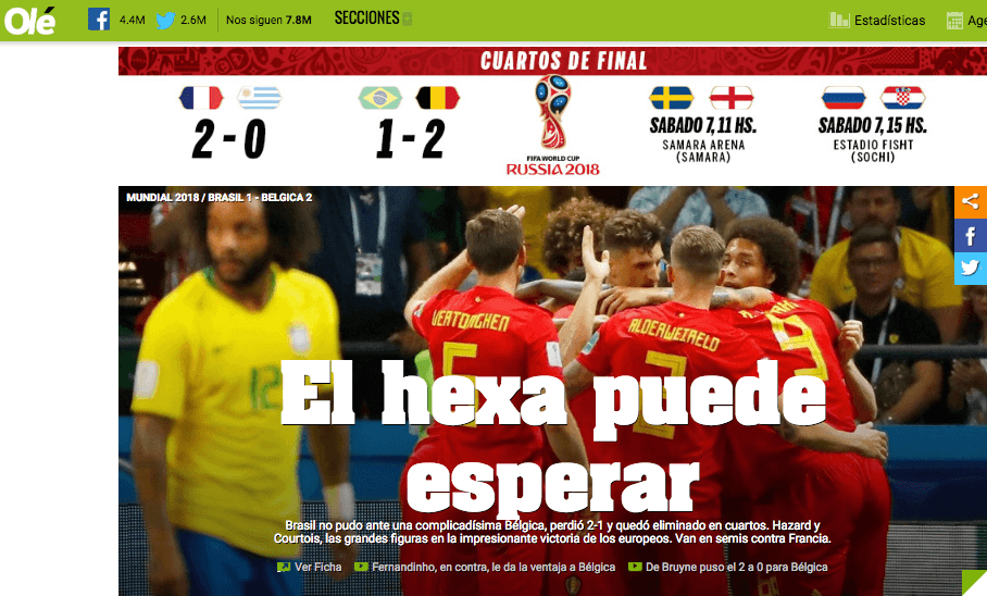 En Argentina con un toque de sorna, el Diario
<i>Olé</i> haciendo alusión a la meta que tenía Brasil de una sexta coronación en mundiales.