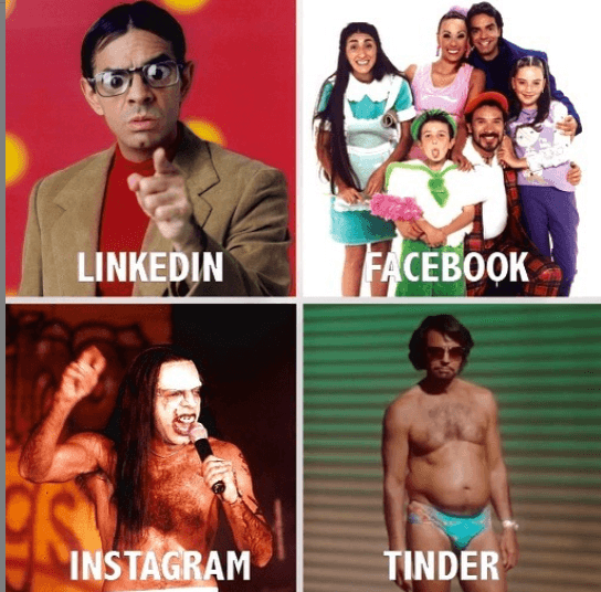 Comenzamos con Eugenio Derbez, quien no pudo evitar ‘subirse al tren’ con el estilo y humor que lo caracterizan. En esta publicación, Eugenio utilizó a Armando Hoyos para mostrar su lado más profesional, a La Familia P. Luche como perfil de Facebook, al inolvidable Marilyn Menson y por último, el personaje de Maximo (How to be a Latin Lover), como su imagen más sexy en la famosa aplicación Tinder.
<br>