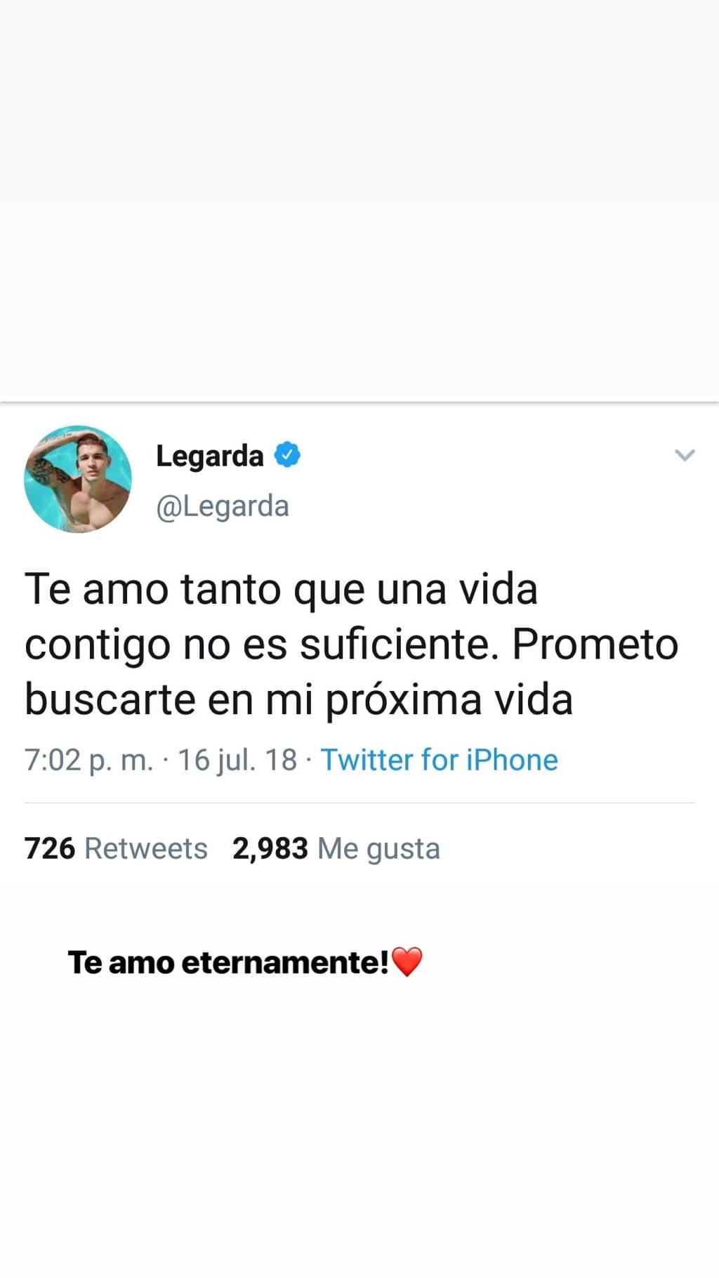 La frase que llama la atención y por la que Luisa Fernanda W recordó la publicación de Legarda fue:
<b>"Prometo buscarte en mi próxima vida".</b>