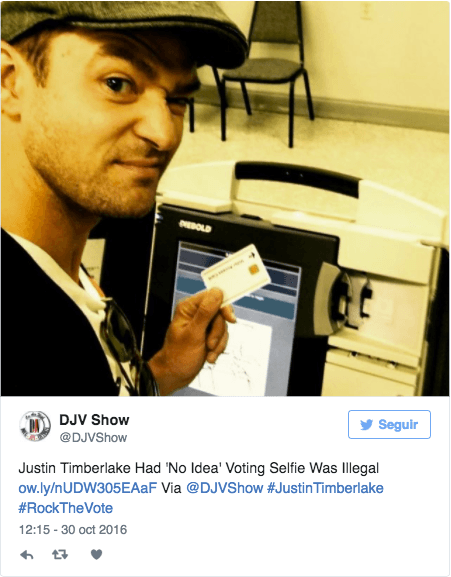 <b>6. <a href="http://www.univision.com/noticias/edicion-digital/justin-timberlake-podria-ir-la-carcel-por-tomarse-un-selfie-en-una-cabina-de-votacion-video">Justin Timberlake</a>.</b> El cantante infringió la ley con este
<i>selfie </i>y lo tuvo que borrar de su cuenta; cuando se supo que podría haber ido a la cárcel por publicarlo, todo el mundo lo quiso ver.