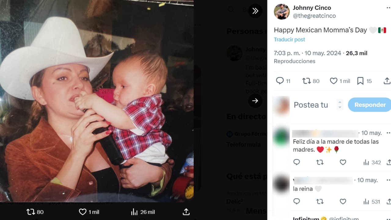 Johnny López, publicó este mensaje en X con motivo del Día de las Madres. En una de las fotos aparece cargado en brazos por su mamá Jenni Rivera.