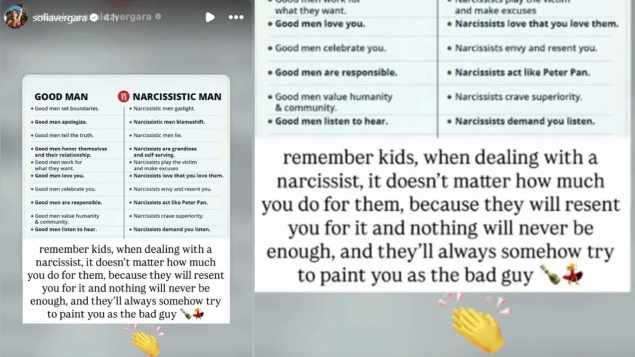 Este es el mensaje sobre los "narcisistas" que primero publicó Manolo González Vergara, hijo de Sofía Vergara, y que luego ella replicó en su propia cuenta de Instagram.