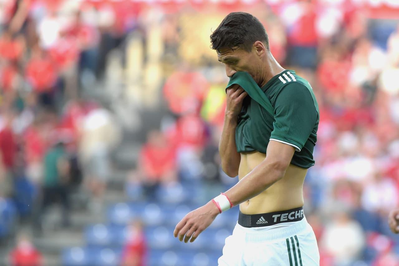 BRONDBY, DENMARK - JUNE 09: Hector Moreno of Mexico gestures during International Friendly match between Denmark v Mexico at Brondby Stadion on June 9, 2018 in Brondby, Denmark. (Photo by Pier Marco Tacca/Getty Images)