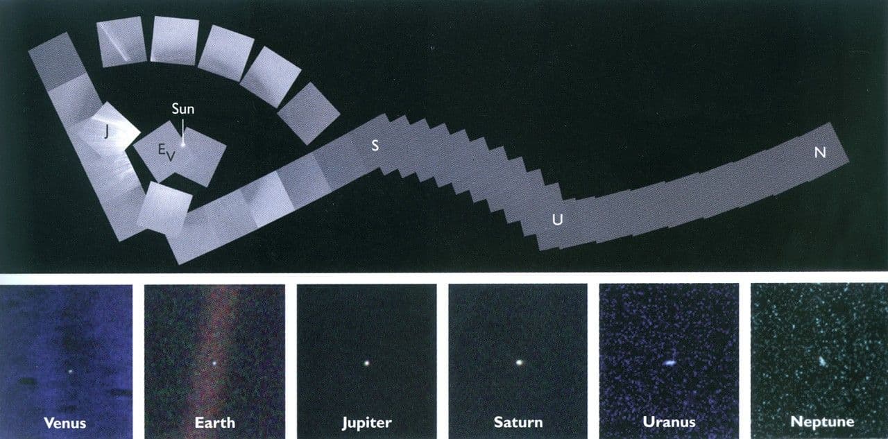 En febrero de 1990, la Voyager 1 capturó 60 imágenes desde las afueras del Sistema Solar, formando su primer “retrato familiar”. La serie mostró seis planetas y el famoso “Punto Azul Pálido”: la Tierra, vista desde miles de millones de kilómetros, como un punto diminuto y aislado por el Sol.