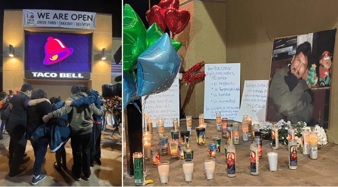 Con veladoras, flores, globos, mensajes de cariño y demandando justicia rindieron tributo a
<a href="https://www.univision.com/local/los-angeles-kmex/alejandro-garcia-trabajador-taco-bell-muerte-billete-falso">Alejandro García</a>, el trabajador hispano asesinado por no aceptar un billete falso de 20 dólares, cuando trabajaba en un restaurante Taco Bell en el sur de Los Ángeles.