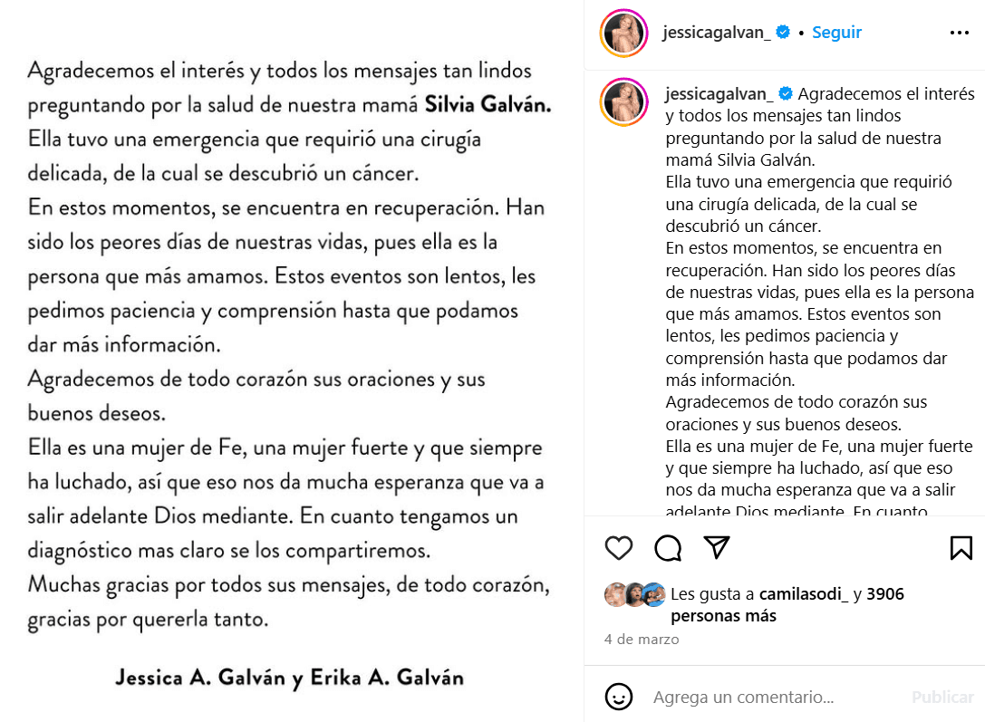 Jessica y Erika, hijas de Silvia Galván, compartieron que mantenían "esperanza" de que ella se recuperaría.
