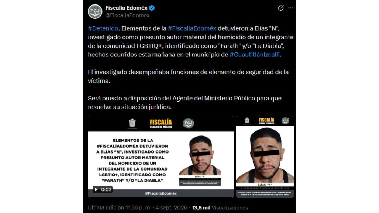 Fiscalía General de Justicia del Estado de México captura al presunto asesino de Farath Coronel.