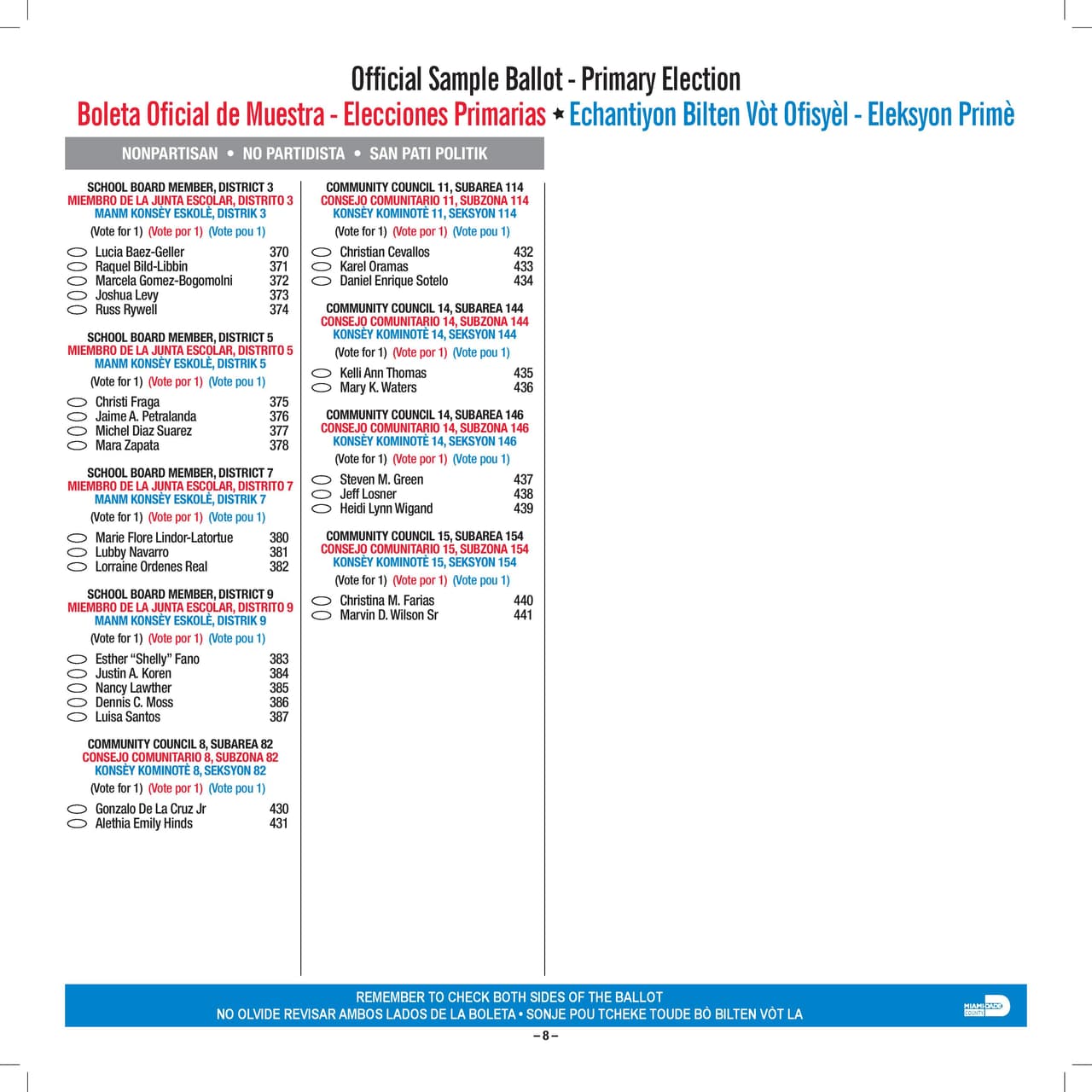 Ejemplar oficial de la boleta primarista de Miami-Dade, a celebrarse el 18 de agosto.