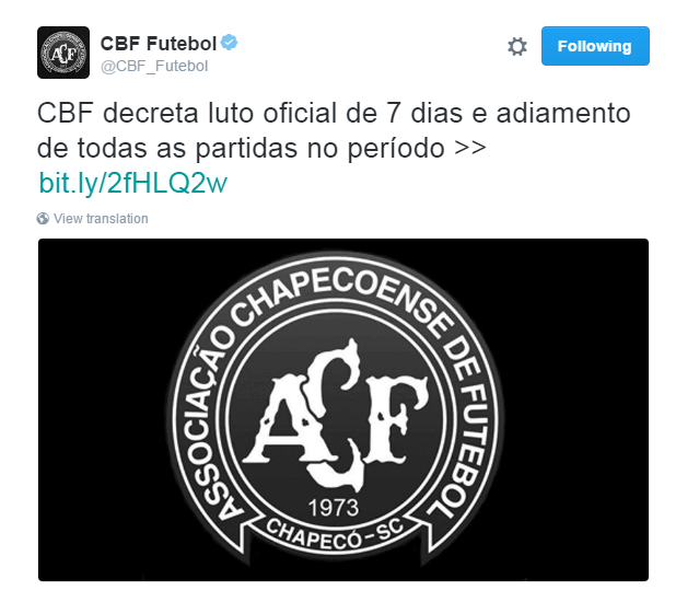 La Confederación Brasileña de Fútbol decretó siete días de luto por la tragedia que sufrió el Chapecoense.
