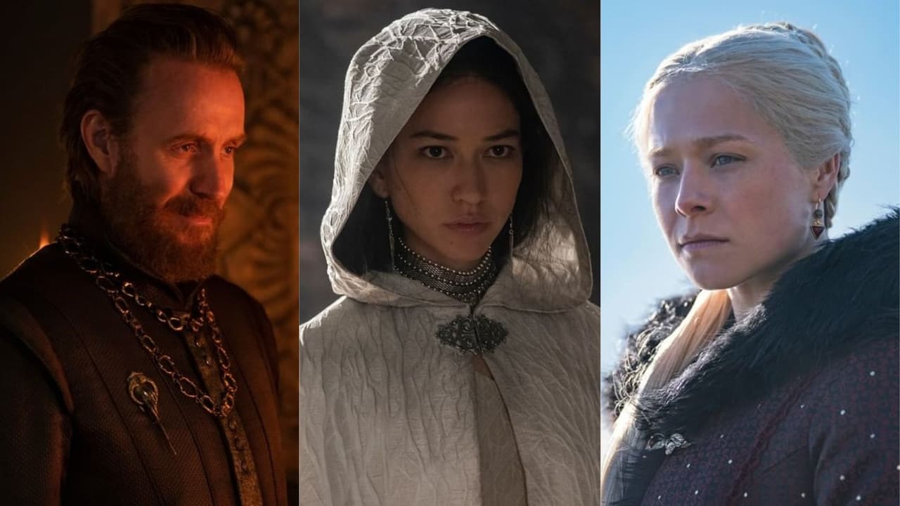 Los personajes Otto Hightower, Mysaria y Rhaenyra Targaryen en ‘House of the Dragon’.