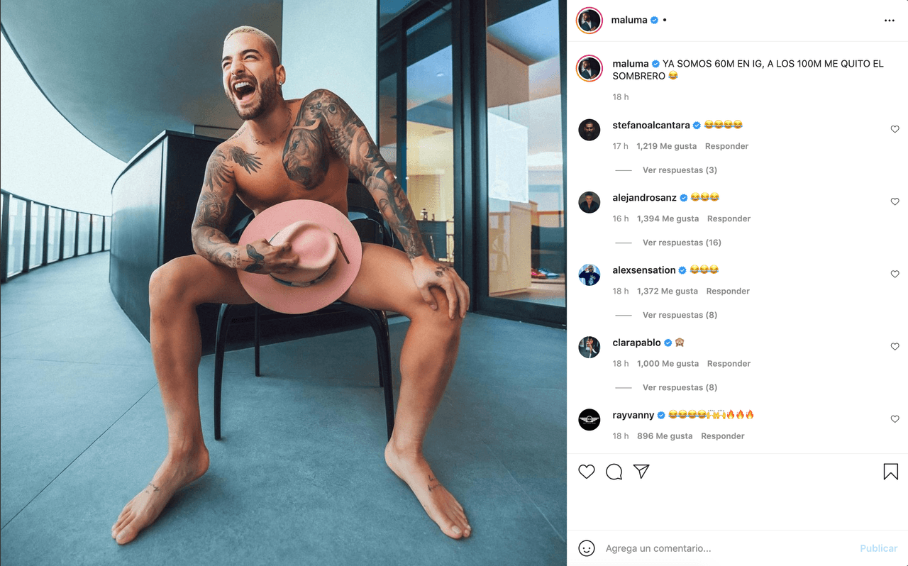 Maluma quiso celebrar por lo grande que llegó a los 60 millones de seguidores en su cuenta de Instagram y se quitó toda la ropa.