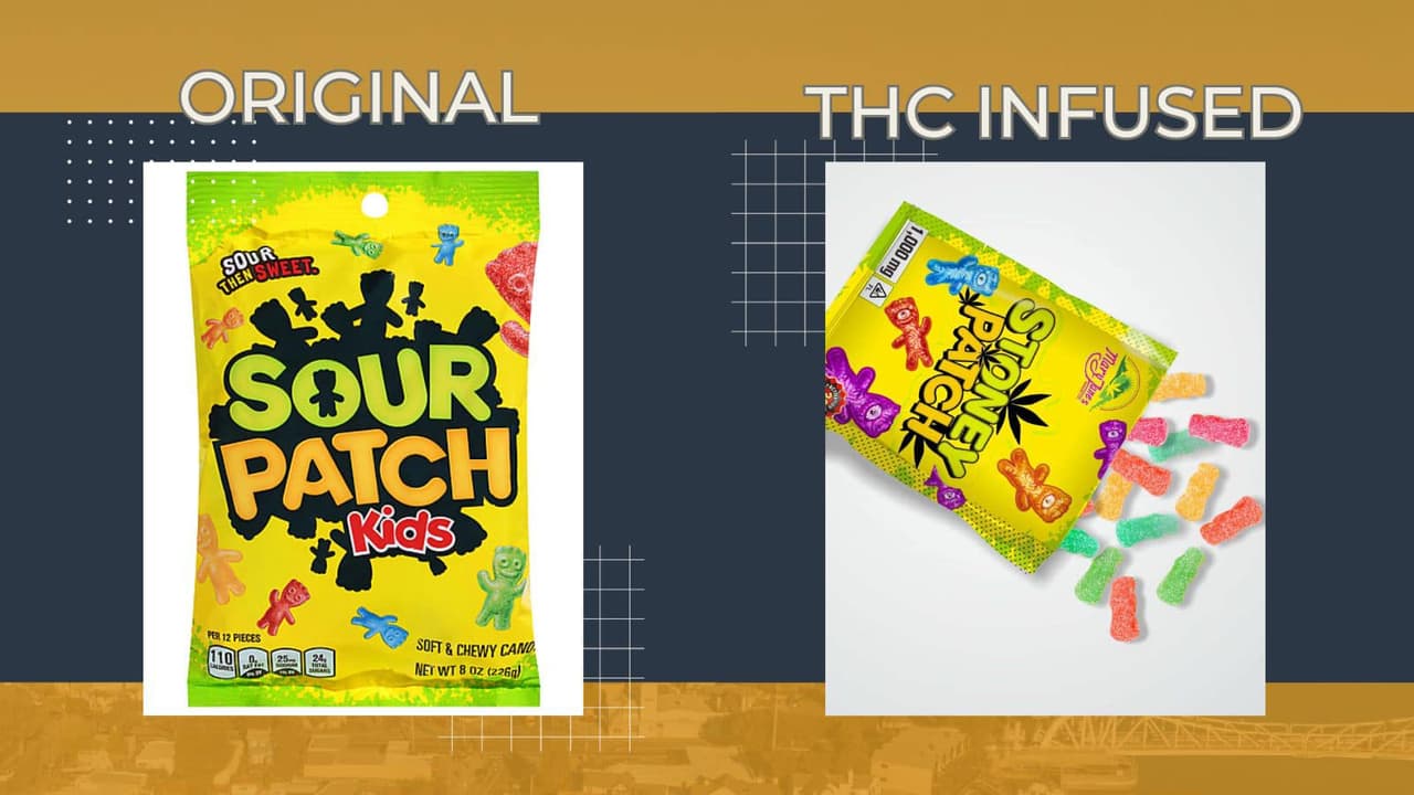 Así los lucen los dulces Sour Patch originales (a la izquierda) y así un producto que imita su empaque, pero tiene dulces con THC.
<br>Descarta cualquier dulce que te genere dudas sobre su autenticidad: si encuentras un dulce que parece sospechoso o que no parece auténtico, es mejor desecharlo. No te arriesgues y prioriza la seguridad de tus hijos.