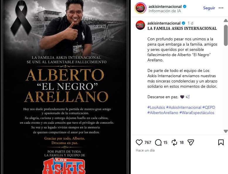 Los Askis lamentaron la muerte de Alberto 'El Negro' Arellano.