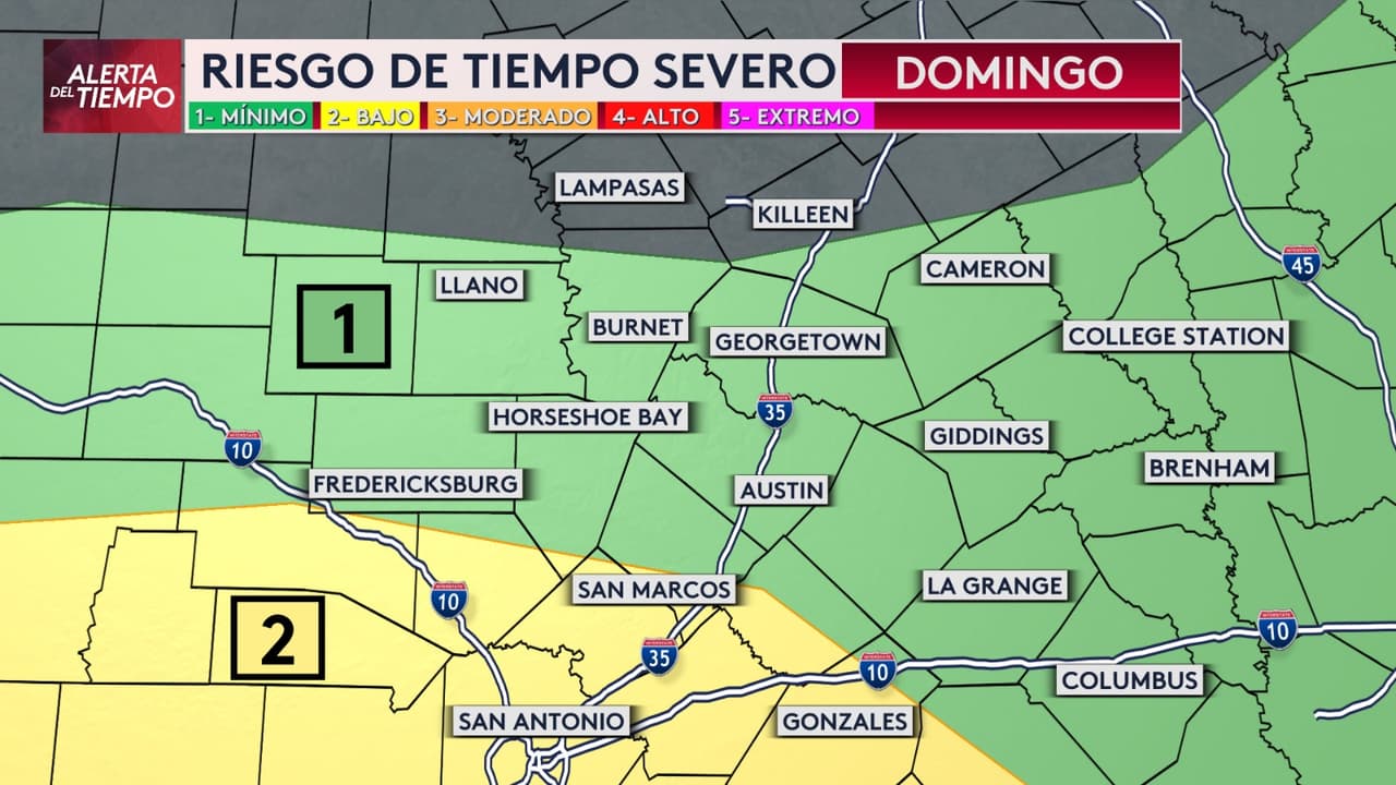 Este domingo, una gran parte del centro de Texas está bajo riesgo de condiciones severas.
<b>En el área de San Antonio, el nivel de riesgo alcanza un dos (Bajo)</b> en una escala del uno al cinco. Por otro lado, en
<b>Austin y sus alrededores, el nivel desciende a uno (Mínimo)</b>. Así lo indica nuestro jefe de meteorología, Gabriel Torres.