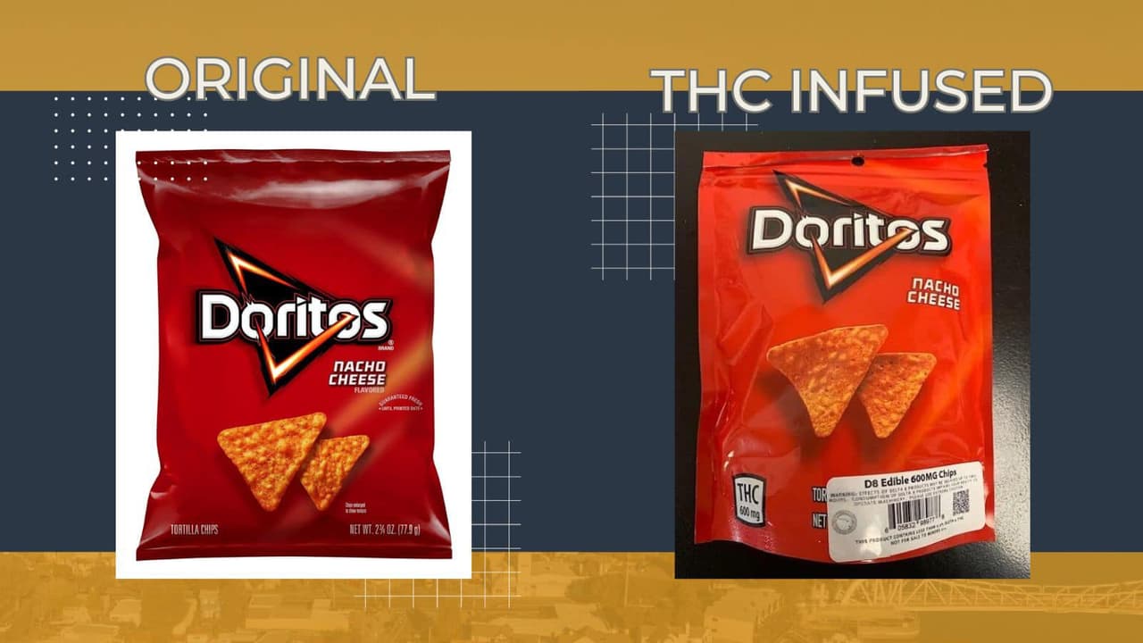 Así se ven los doritos originales (a la izquierda) y así un producto que imita su empaque, pero tiene THC.
<br>Denuncia cualquier dulce sospechoso al Departamento de Policía de Alameda: si encuentras un dulce que te genera preocupación o sospechas de que pueda contener drogas, no dudes en informar a las autoridades.