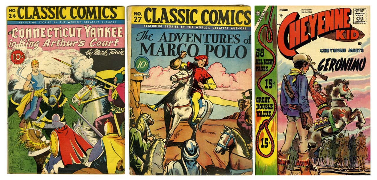 Comics que desde hace decadas adaptan la literatura y se tornan útiles en los salones de clase. De izquierda a derecha: 'Un yanqui de Connecticut en la Corte del Rey Arturo', por Mark Twain; 'Las Aventuras de Marco Polo', por Marco Polo; 'Cheyenne Kid, Cheyenne conoce a Gerónimo', la historia del famoso lider indigena nativo-americano durante la guerra entre EEUU y México a finales de 1800s.