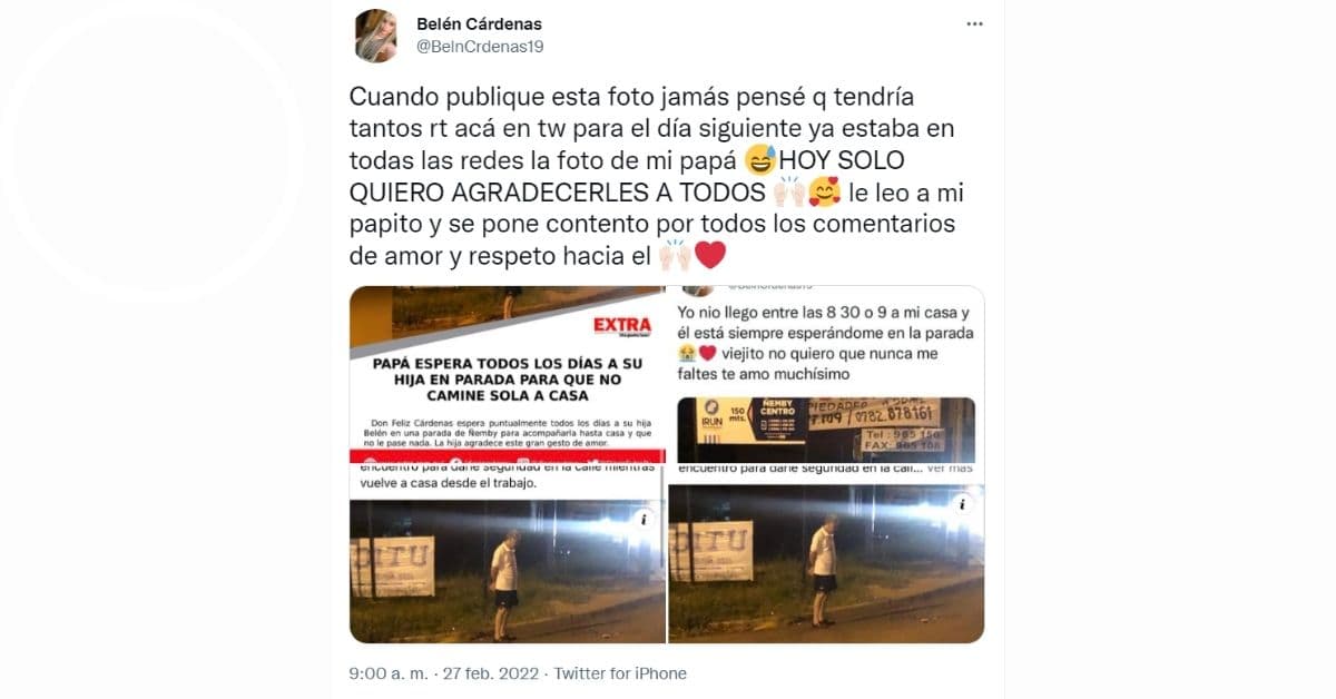 La historia de Félix Cárdenas se hizo viral porque todas las noches espera a su hija Belén Cárdenas en la parada de autobús para cuidarla