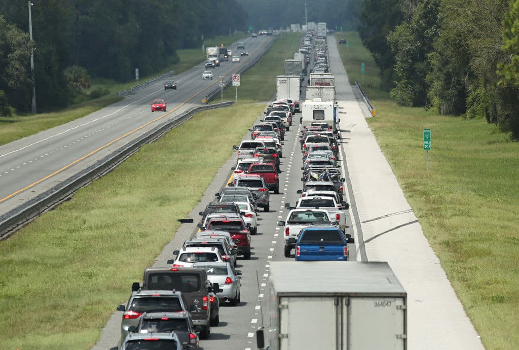 Traffic rolls at a crawl on the northbound lanes of Florida's Turnpike near the intersection of I-75 in Wildwood on Friday, September 8, 2017. Motorists are evacuating for the anticipated arrival of Hurricane Irma. (Stephen M. Dowell/Orlando Sentinel/TNS via Getty Images)