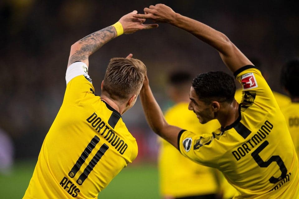 <b>Marco Reus y Achraf Hakimi</b>
<br>El festejo de fusión también llegó a la Bundesliga, pues Reus y Hakimi así celebraron gol ante el Werner Bremen en septiembre del 2019.