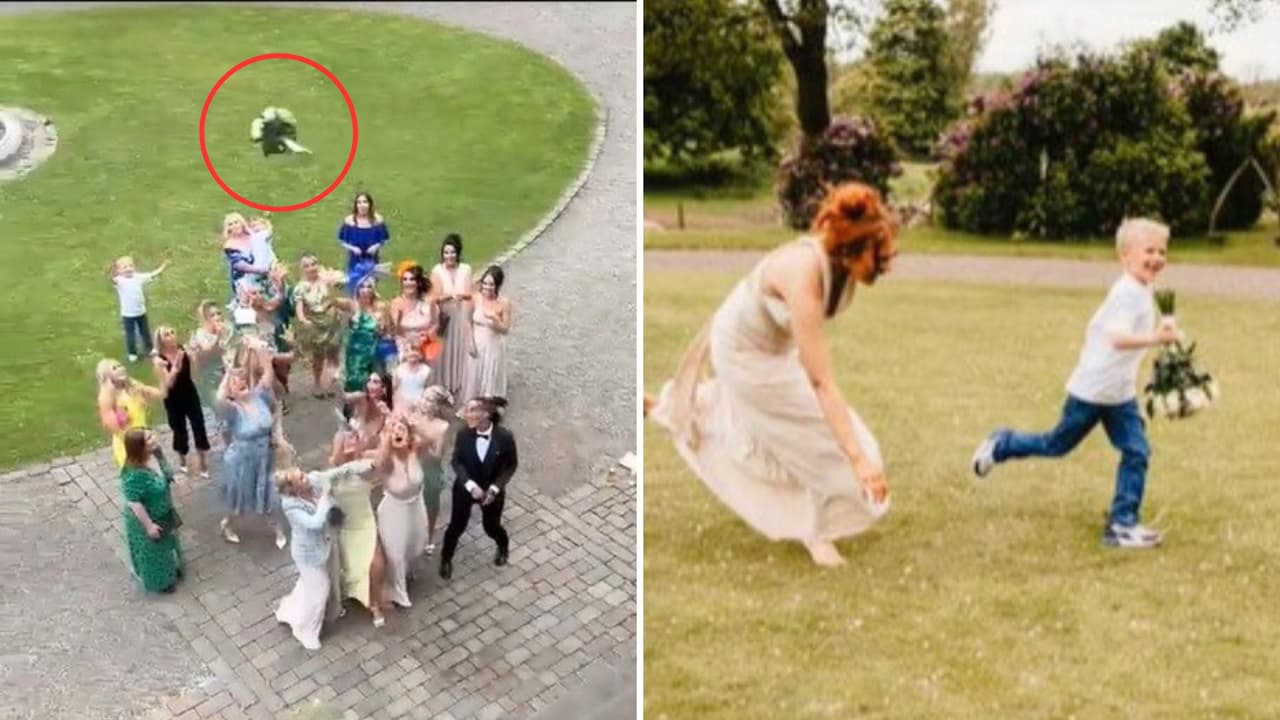 Niño atrapa el ramo de la novia y 'escapa con él': invitadas lo persiguen para quitárselo (video)