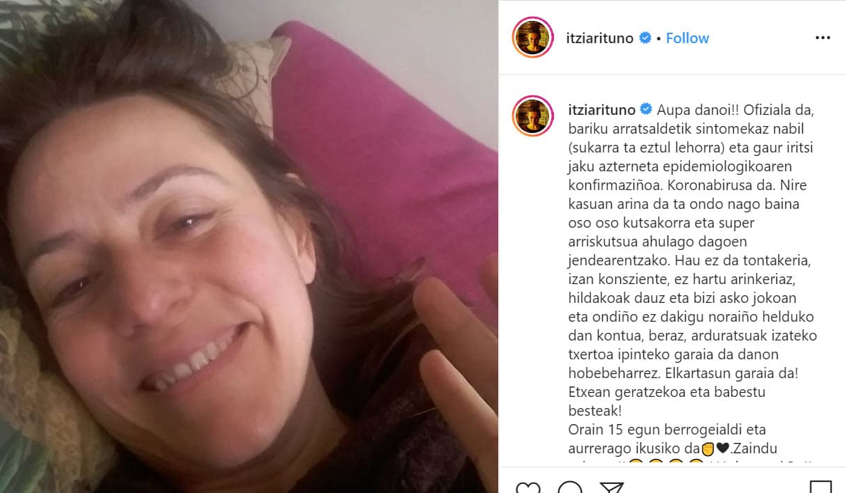 Al igual que
<b>Itziar Ituño</b>, quien participó en la serie de Netflix 'La casa de papel': "Nos ha llegado la confirmación del test epidemiológico. Es coronavirus. Mi caso es leve y estoy bien, pero es muy, muy contagioso y súper peligroso para la gente que está más débil", se lee en Instagram.