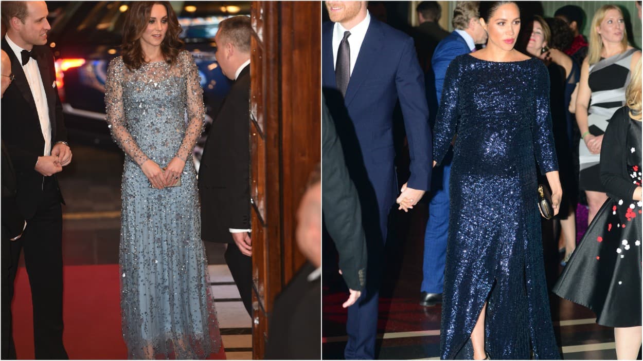 <b>Brillos y lentejuelas:</b> Tanto Kate como Meghan lucieron vestidos totalmente bordados o llenos de brillos durante el embarazo. Meghan usó un Roland Mouret en azul marino con su tradicional cuello barco para asistir a una función del Cirque du Soleil mientras que Kate llevó un vestido en azul bebé con un sobrevestido totalmente bordado de Jenny Packham para asistir al Royal Variety. Para minimizar lo llamativo de las telas, ambas eligieron mangas largas y caudas abiertas en línea A.
<br>
<br>